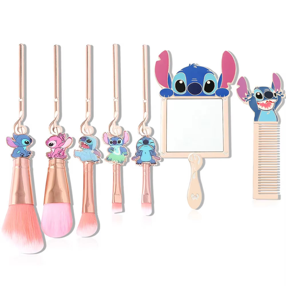 7Pcs Stitch Makeup Brush Set Cartoon Stitch Portable Handheld Cosmetic Mirror Comb Stitch Makeup Brush Set Anime Peripheral Gift