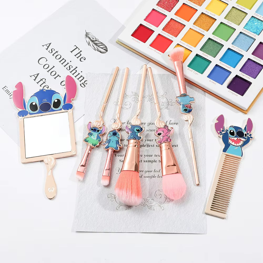 7Pcs Stitch Makeup Brush Set Cartoon Stitch Portable Handheld Cosmetic Mirror Comb Stitch Makeup Brush Set Anime Peripheral Gift