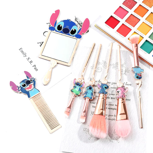 7Pcs Stitch Makeup Brush Set Cartoon Stitch Portable Handheld Cosmetic Mirror Comb Stitch Makeup Brush Set Anime Peripheral Gift